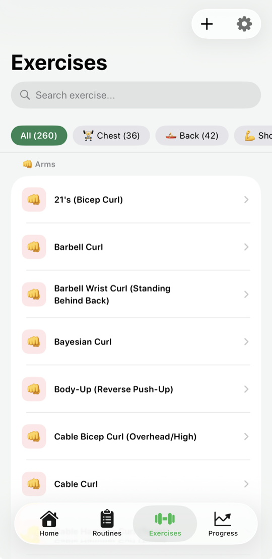 Simple Gym Tracker: oefeningen scherm