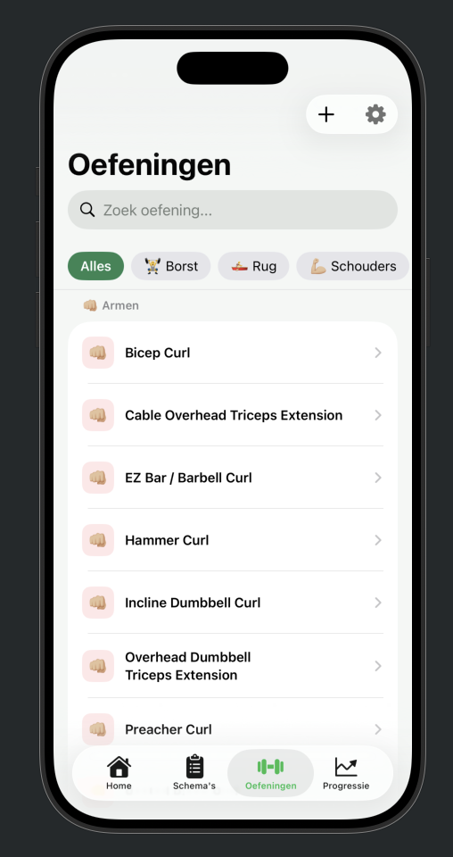 Simple Gym Tracker – Exercises screen