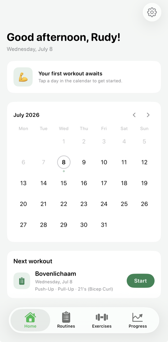Simple Gym Tracker: overzicht scherm